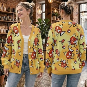 Cardigan en tricot Pokemon Magikarp, pull en tricot jaune, veste entièrement imprimée, cadeau Gamer Girl, haut de cosplay anime, manteau à motif Magikarp