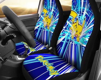 Fundas para asientos de coche de Pokémon Pikachu, decoración de coche de anime eléctrico, protectores de asiento de rayo azul, accesorios para coches de videojuegos, regalo para gamers.