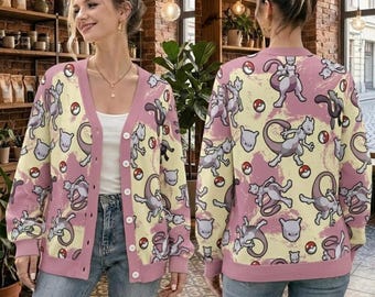 Mewtu Pokemon Strickjacke, Übergroßer Anime Pullover, Rosa Strickknopf, Geschenk für Gamer Girl, Mewtu-Musterjacke, Pokemon Top