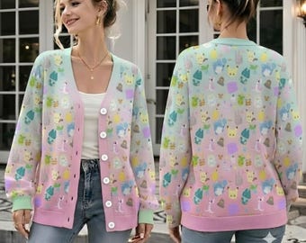Cardigan Pokemon, maglia in stile pastello, regalo anime carino per lei, abbigliamento Pikachu e amici, comodo cardigan kawaii con bottoni
