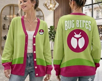 Cardigan Pokémon con punture di insetto, maglione da allenatore di tipo Insetto, cardigan lavorato a maglia anime personalizzato, regalo per giocatori, abbigliamento per fan dei Pokémon, cardigan per insegnanti