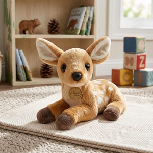 Pelúcia de Veado Kawaii – Lindo cervo de pelúcia, brinquedo macio, presente temático da floresta para crianças e decoração de quarto infantil.