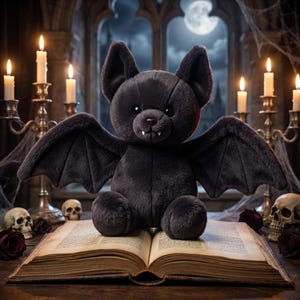 May include: A plush black bat with outstretched wings sits atop an open antique book. The bat has small fangs and is surrounded by lit candles, skulls, and roses. The background features a gothic window with a full moon.