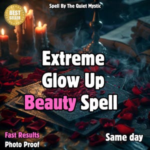 May include: An image featuring the text "Extreme Glow Up Beauty Spell" in white and pink, with rose petals and candles in the background. The words "Best Seller", "Fast Results", "Photo Proof", and "Same day" are also visible.