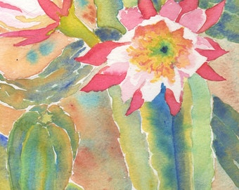 Night Blossoms Watercolor Cactus Flower Art Print | Matted 11x14