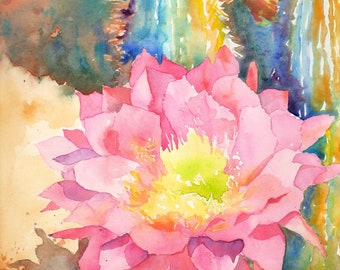 Cactus Flower Watercolor Art Print | Matted Botanical Fine Art, 11x14