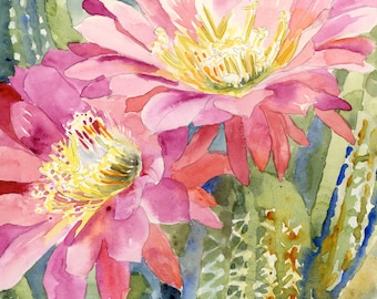 May include: Watercolour painting of two pink cactus flowers with yellow centres. The flowers are in bloom and have a delicate, soft appearance. The background is a green and blue watercolour wash, suggesting the cactus is growing in a desert environment.