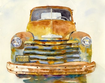Vintage Vehicle Art, Vintage Truck, Watercolor Painting Art Print, Chevy Truck, Ready to Frame Fine Art Print 11x14,  Chevrolet PickUp