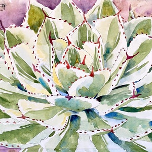 Variegated Aloe | Watercolor Art Print | 8x10 Matted Fine Art Print Ready to Frame | Desert Cactus Botanical Green & White Striped Succulent