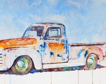 Watercolor Art Print- TIMEWORN -Vintage Chevy Pickup Truck Matted 11x14 Fine Art Print Limited Edition classic Chevrolet patina truck art