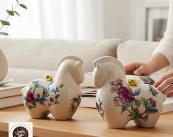 Floral Ceramic Horse Figurine Set Porcelain Horse Sculpture Decor Animal Statue Gift