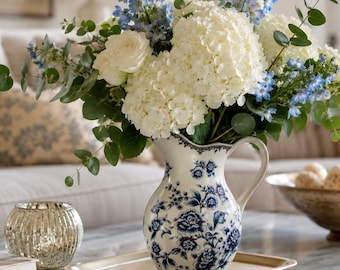 French Country Floral Pitcher Vase, Blue White Ceramic Flower Vase, Cottagecore Farmhouse Decor