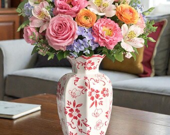 Red White Floral Ceramic Vase - Decorative Porcelain Home Decor Accent