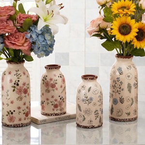 Floral Ceramic Vase | Rustic Farmhouse Decor Accent | Small Cottagecore Flower Vase | Vintage Centerpiece