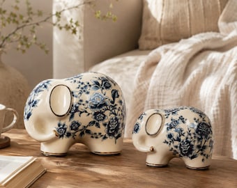 Ceramic Elephant Figurine Set with Floral Design, Elegant Boho Farmhouse Shelf Decor and Housewarming Gift