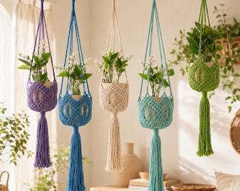 Macrame Plant Hanger, Boho Hanging Planter Basket for Indoor Plants, Colorful Wall Plant Holder for Bedroom Living Room Decor