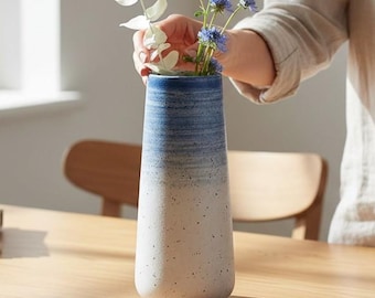 Blue Ceramic Vase – Minimalist Flower Vase, Scandinavian Table Vase, Modern Home Decor Accent