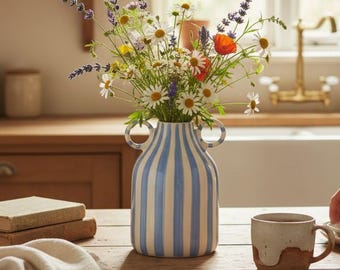 Striped Ceramic Vase with Handles, Boho Flower Vase Home Decor