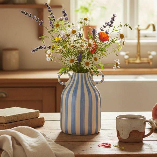 Striped Ceramic Vase with Handles, Boho Flower Vase Home Decor