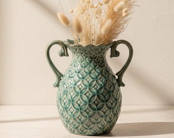 Green Ceramic Handle Vase Rustic Farmhouse Decor Decorative Flower Vase Table Centerpiece