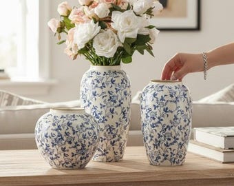 Blue White Chinoiserie Vase Floral Ceramic Ginger Jar Style Decorative Flower Vase