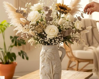 Ceramic Flower Vase Boho Home Decor Floral Embossed Table Centerpiece Gift