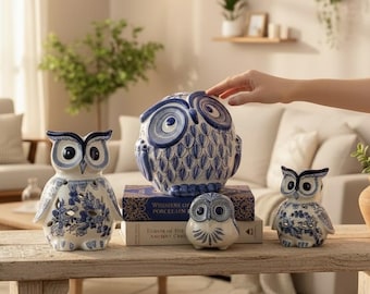 Blue White Ceramic Owl Figurine – Chinoiserie Decor Accent for Home or Gift