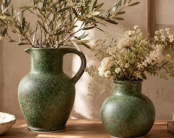 Moss Green Ceramic Vase Collection, Rustic Boho Pitcher and Round Vase Set for Table Centerpiece