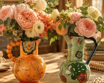 Green and Orange Floral Ceramic Pitcher Vase Collection, Cottagecore Boho Flower Vase for Table Centerpiece
