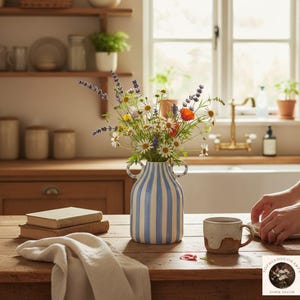 Striped Ceramic Vase with Handles, Boho Flower Vase Home Decor