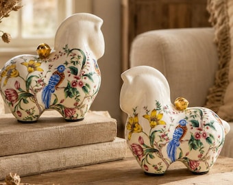 Chinoiserie Ceramic Horse Figurines, Floral Shelf Decor for Cozy Boho Homes