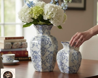 Blue White Chinoiserie Vase Set, Ceramic Floral Vases, Table Centerpiece Home Decor