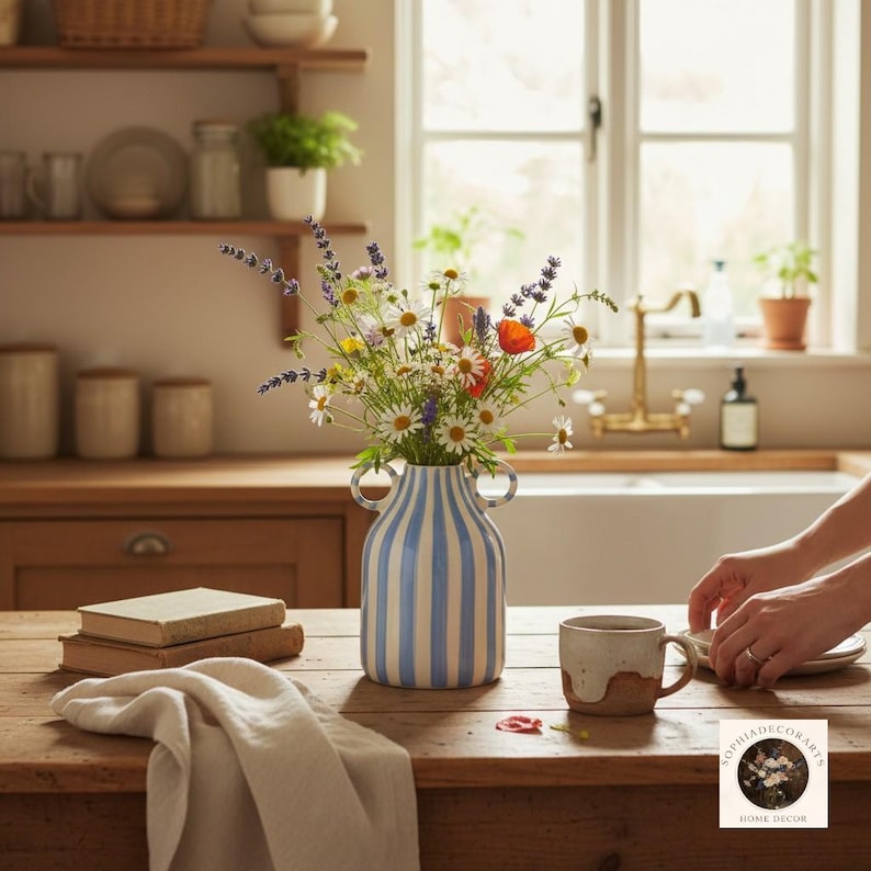 Striped ceramic vase with handles on wooden table with fresh flowers, boho kitchen decor