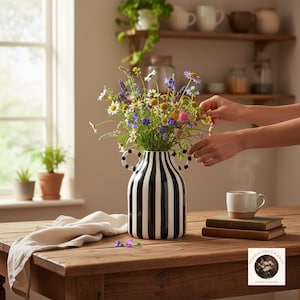 Blue striped ceramic vase with handles styled with wildflowers on rustic wooden table