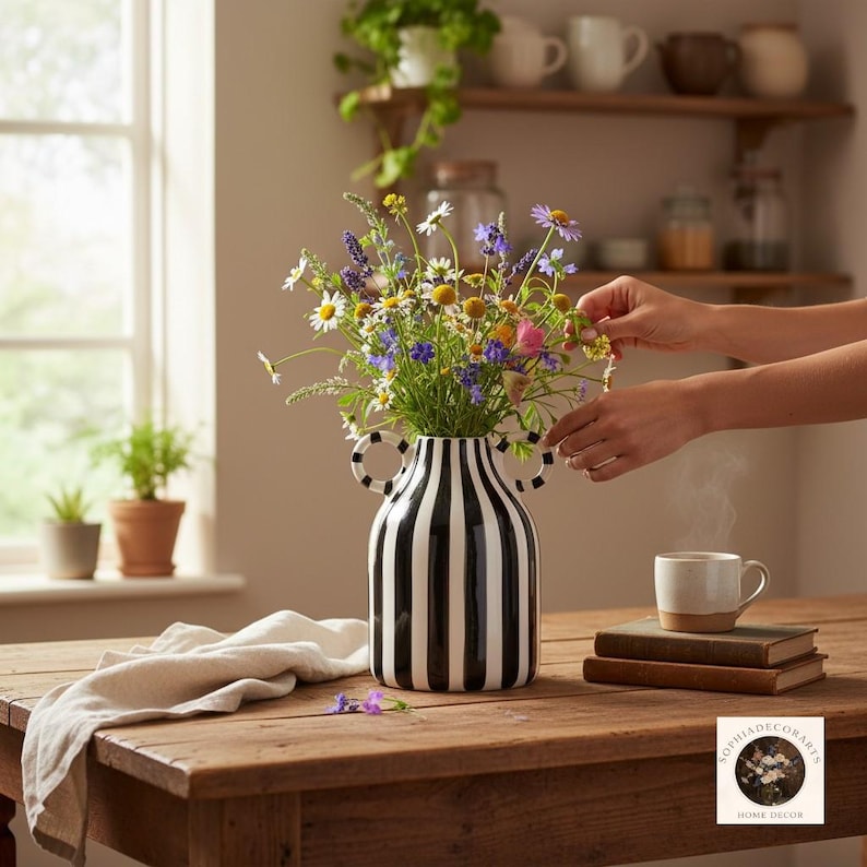 Blue striped ceramic vase with handles styled with wildflowers on rustic wooden table