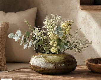 Japanese Wabi Sabi Ceramic Vase - Low Stone Ikebana Flower Vase, Rustic Minimalist Pottery for Zen Home, Shelf & Table Decor