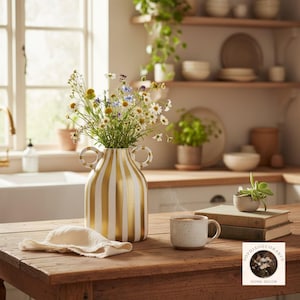 Neutral striped ceramic vase with handles styled with flowers on wooden table home decor