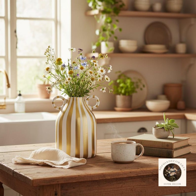 Neutral striped ceramic vase with handles styled with flowers on wooden table home decor