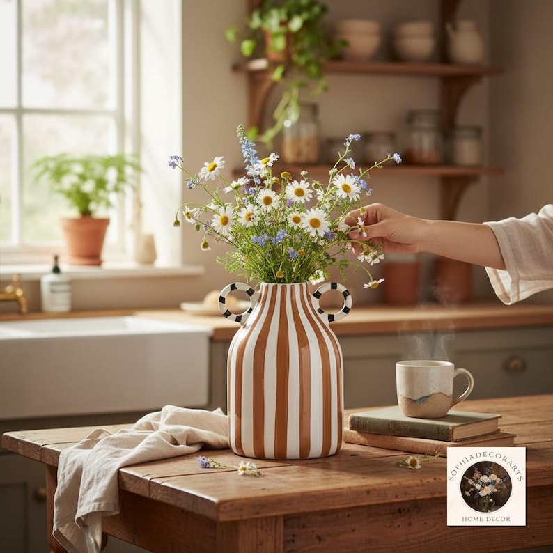 Brown striped ceramic vase with handles in cozy kitchen decor with fresh flowers