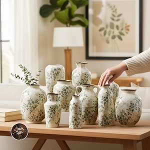 Vintage Floral Ceramic Vase - Cottagecore Rustic Botanical Home Decor Accent