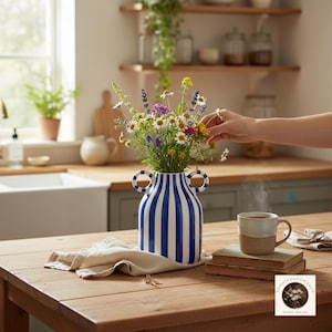 Red striped ceramic vase with handles as dining table centerpiece with fresh flowers