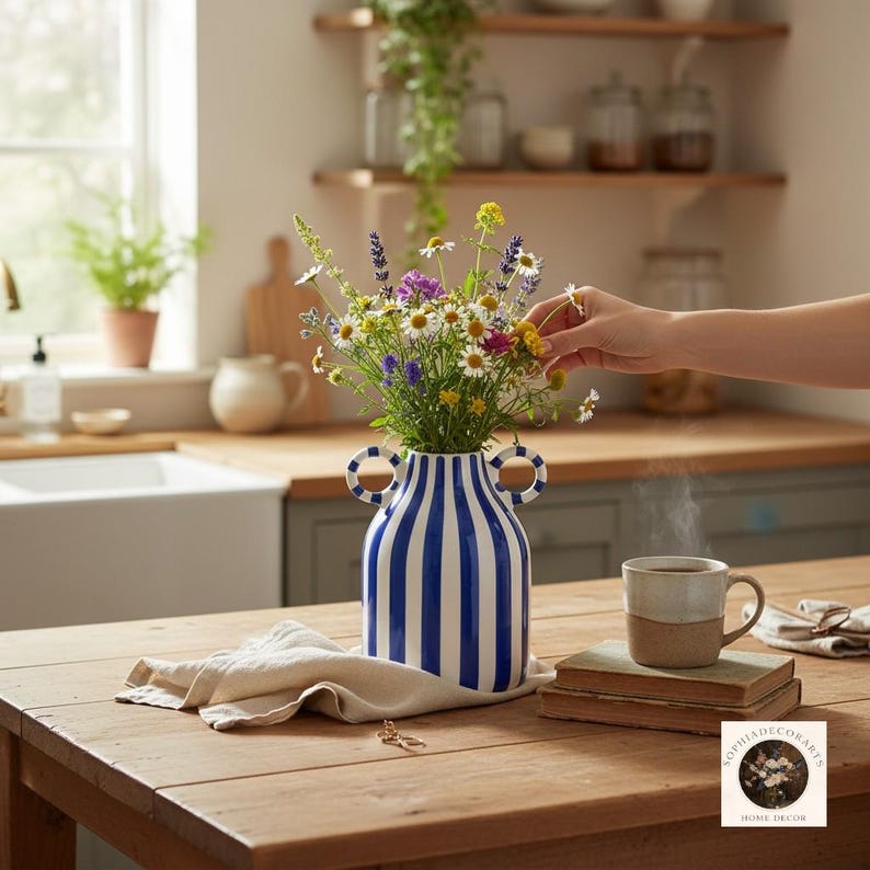 Red striped ceramic vase with handles as dining table centerpiece with fresh flowers