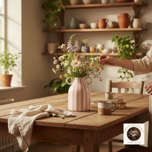 Pink striped ceramic vase with handles styled on wooden table with floral arrangement