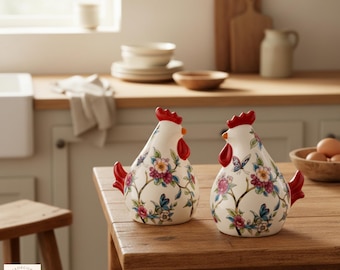 Ceramic Chicken Figurines Set – Floral Porcelain Farmhouse Kitchen Decor Rustic Gift