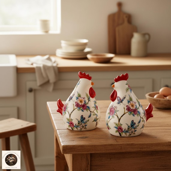 Ceramic Chicken Figurines Set – Floral Porcelain Farmhouse Kitchen Decor Rustic Gift
