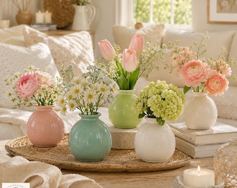 Pastel Ceramic Bud Vase Set, Boho Cottagecore Floral Decor for Cozy Homes