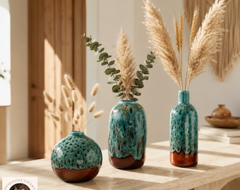 Teal Ceramic Vase with Brown Reactive Glaze, Modern Boho Flower Vase for Rustic Home Decor