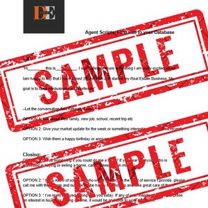 May include: A document with the title "Agent Scripts: First Call to your Database" and the word "SAMPLE" stamped across it in red. The document contains text with scripts for real estate agents, including an introduction, options for conversation, and closing remarks.