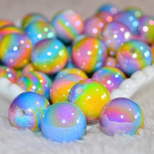 16mm Rainbow Swirl Acrylic Beads • Random Mix • Glossy Iridescent Round Beads • 10 Pcs