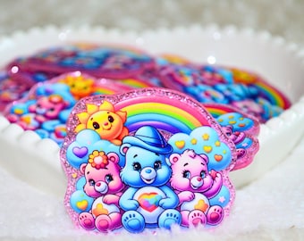 Ositos de peluche arcoíris acrílicos planos • Borde rosa con purpurina • Bonitos materiales para manualidades con diseño de nube y arcoíris